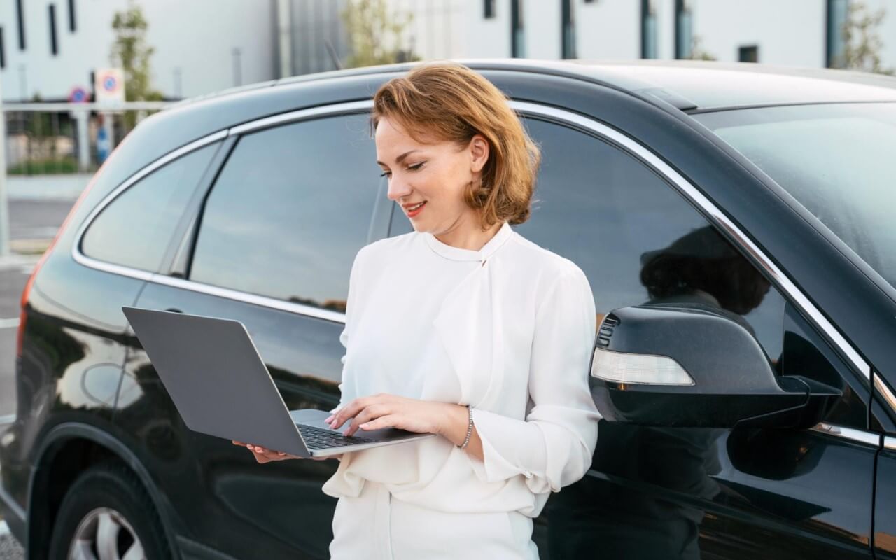 mulher a trabalhar encostada a carro para empresa